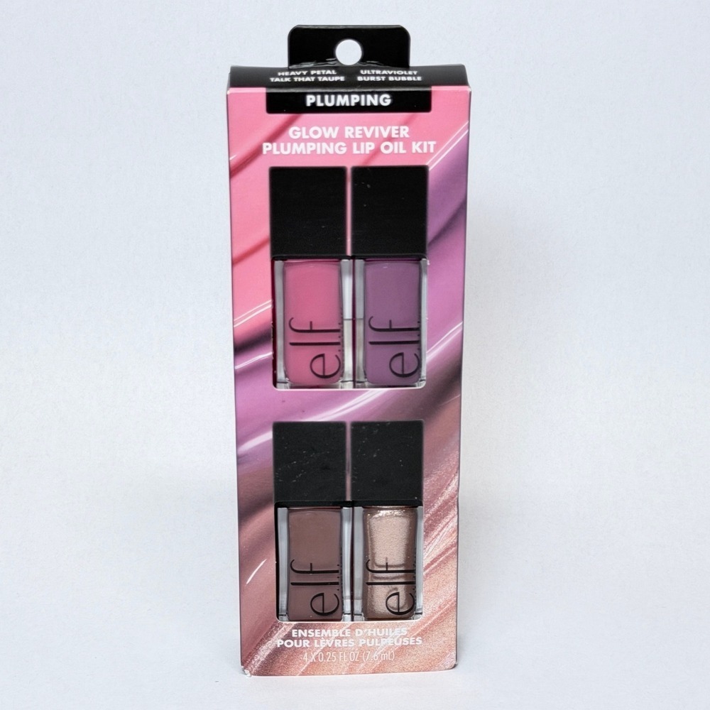 e.l.f. Glow Reviver Plumping Lip Oil Kit 4-Piece Set Heavy Petal Ultraviolet NEW